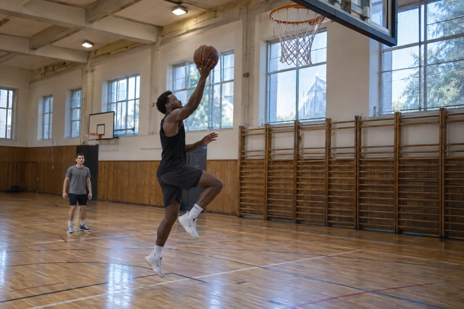 Basketbalista pri dvojtakte na tréningu v hale