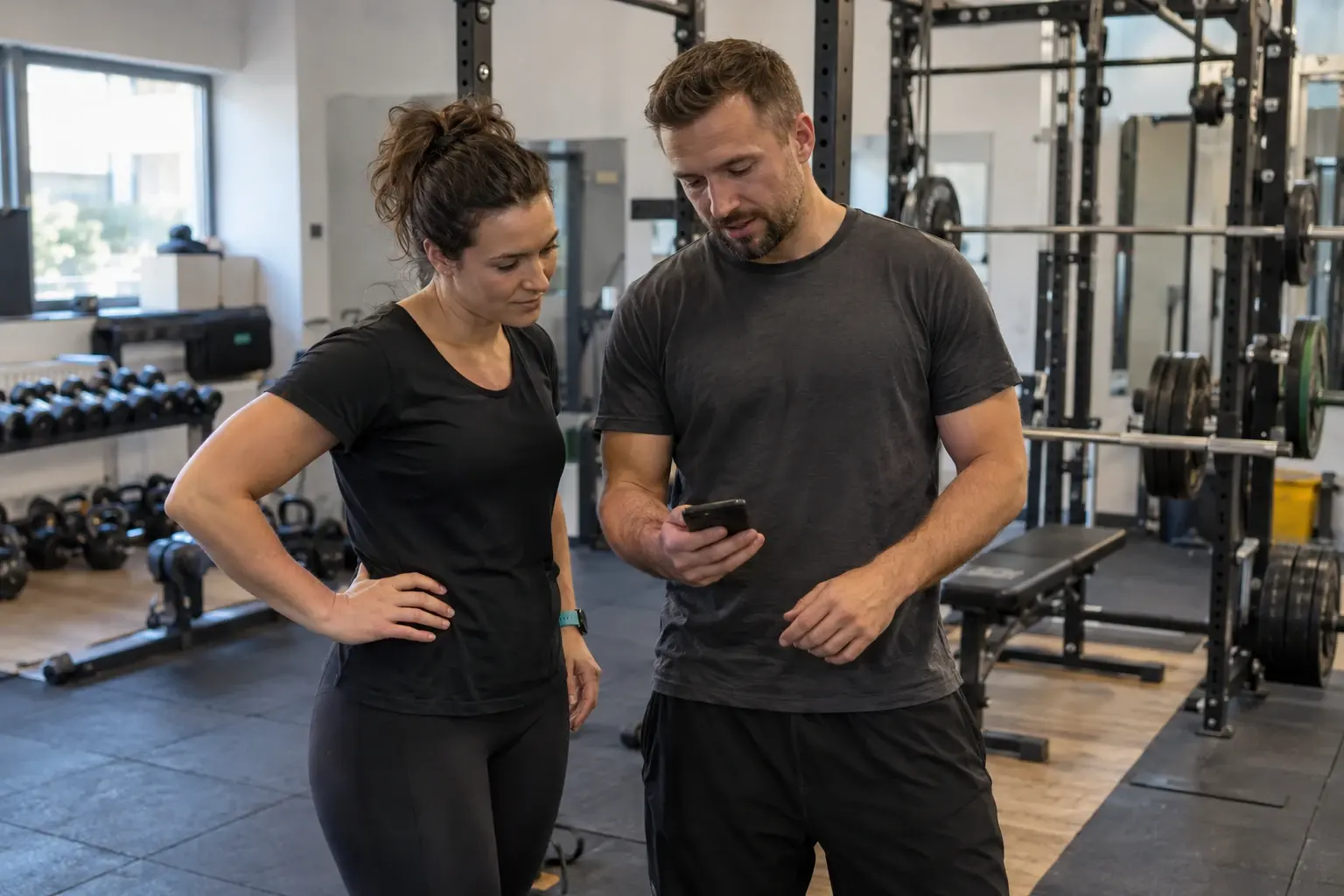 Tréner s klientkou prechádzajú tréning na mobile