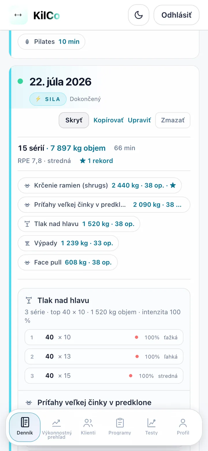Detail zapísaného tréningu klienta v KilCo — objem zaťaženia, silová intenzita a zoznam cvikov