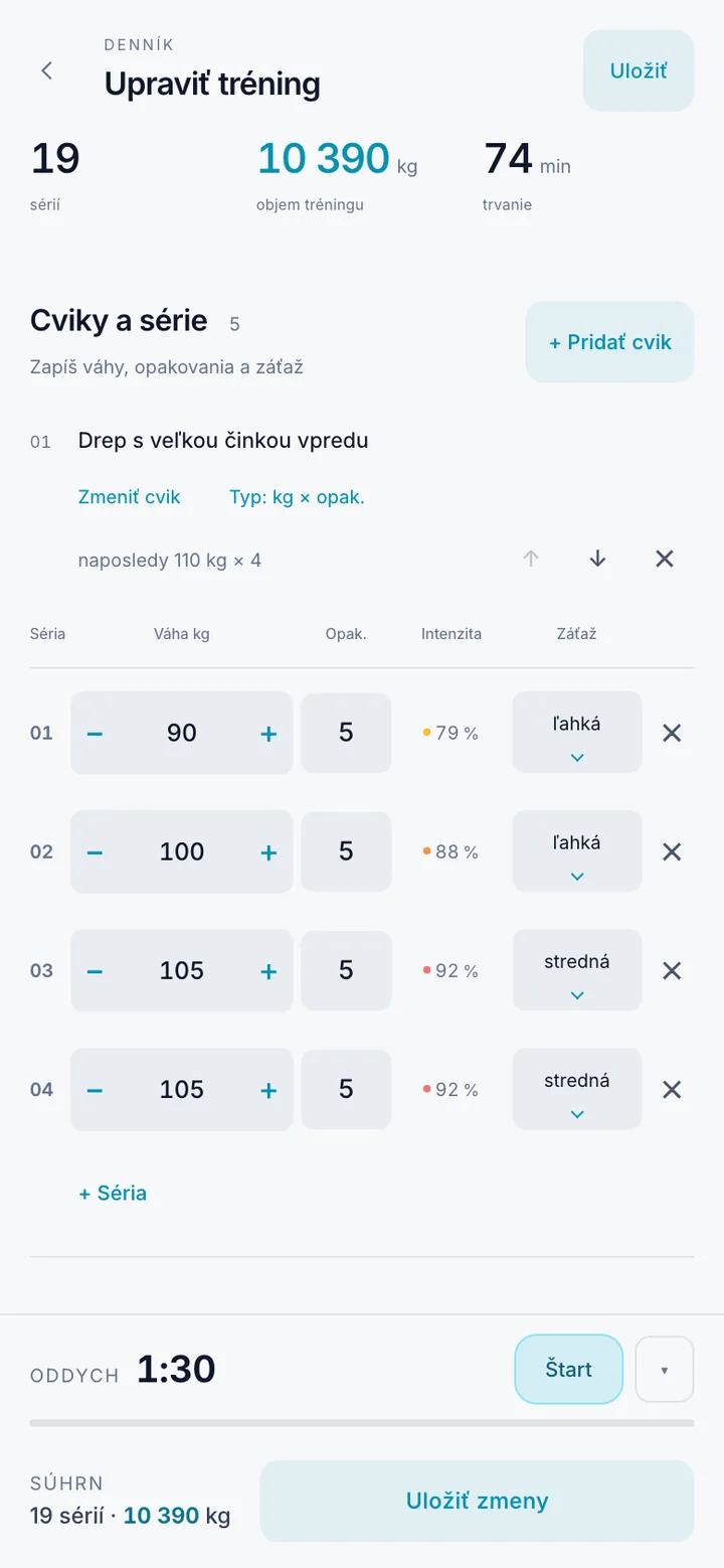 Úprava tréningu v KilCo — série predného drepu s váhou, opakovaniami, intenzitou a záťažou, dole časovač oddychu
