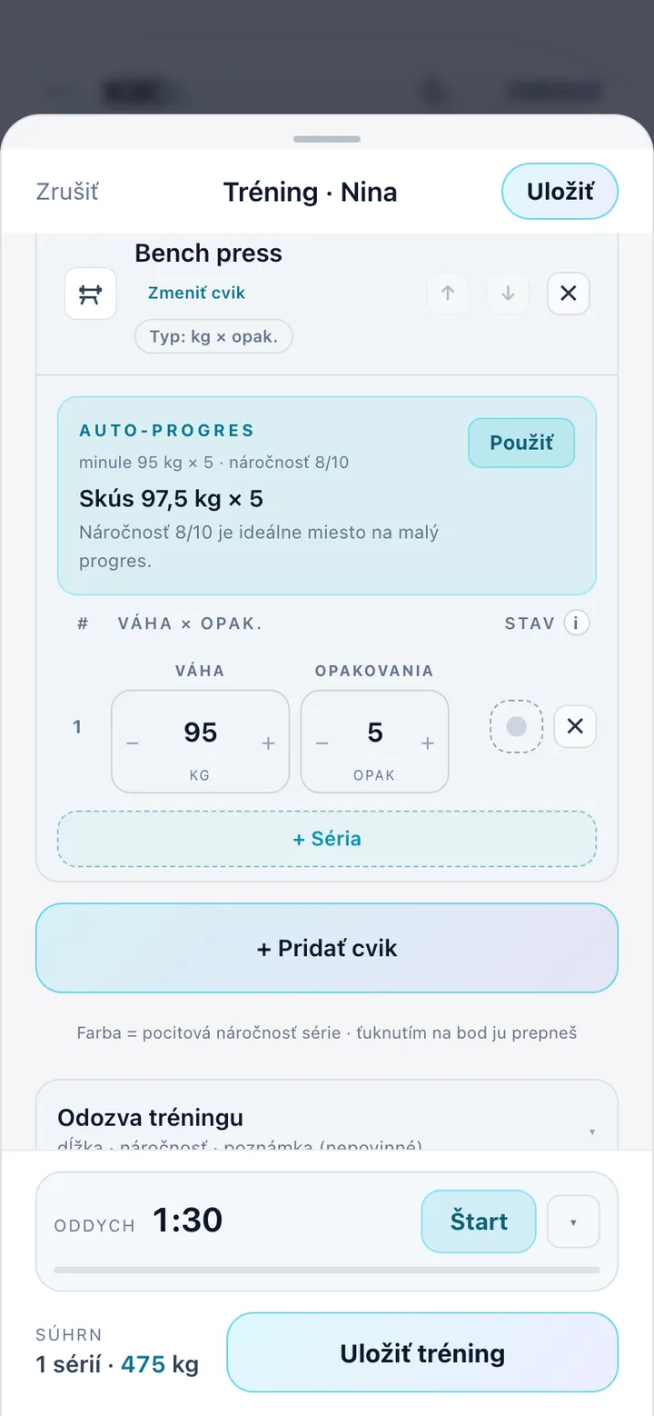 Zápis tréningu v KilCo — cvik bench press s návrhom váhy na dnešnú sériu